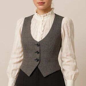 MEXX Womens Sz 10 Tailored Suit Vest Waistcoat Grey Plaid Checker Lined